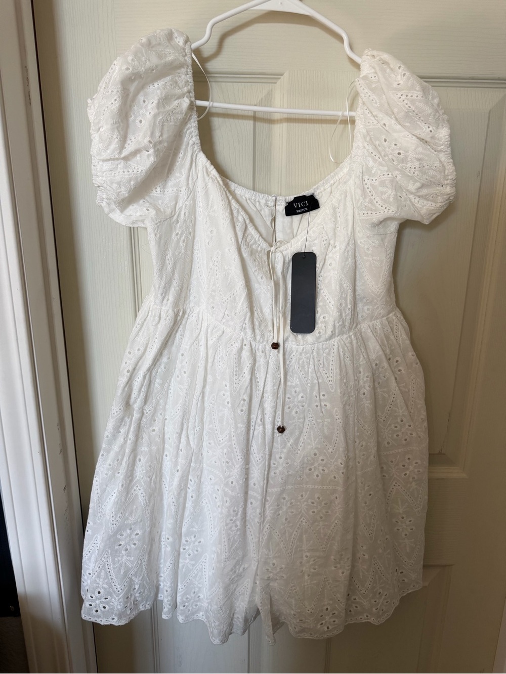 VICI White Eyelet Puff Short Sleeve Square Neck Button Front Romper